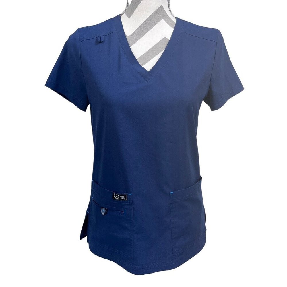 Koi Basics Navy Blue Scrub Top Red Floral Lining Size XS Nursing Uniforms